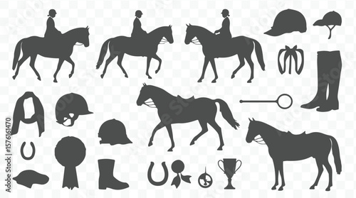 Equestrian sport elements collection featuring riders horses helmets boots and trophies silhouette