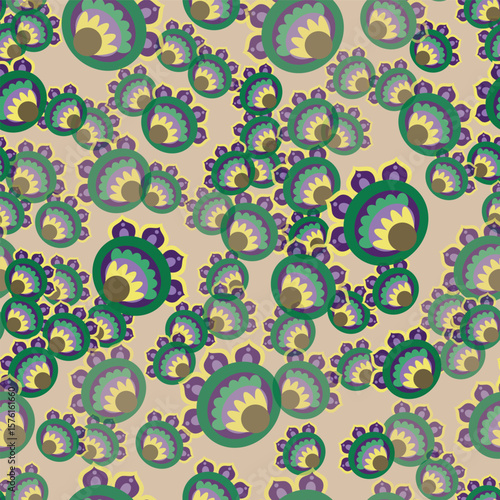 Seamless pattern of retro peacock feathers. Purple, green and yellow colors.