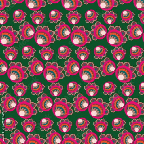 Ethnic retro floral colorful pattern, scales style with color background elements of flower, curve, colored lines, botanical, natural theme, flat design, illustration.