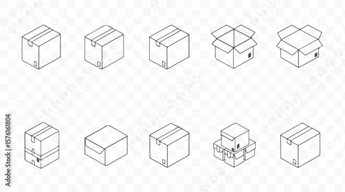 Collection of isometric cardboard box icons showing various states of closure and stacking in a clean line art silhouette style