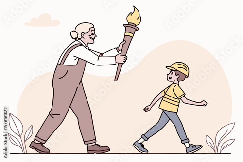 Adult passes a torch to a child symbolizing passing on knowledge and legacy isolated on white background