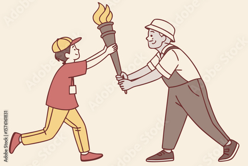 Two people passing a torch in a relay race isolated on white background
