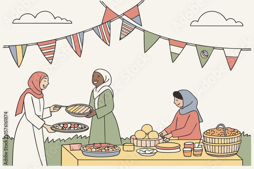 Three muslim women serving food at a community event isolated on white background