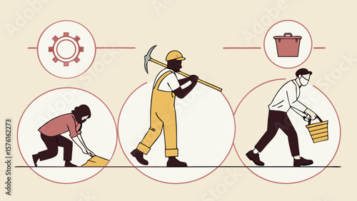 Three workers in sequence showing different stages of labor and tools isolated on white background
