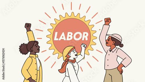 Diverse group of women raising fists in solidarity with the word labor isolated on white background