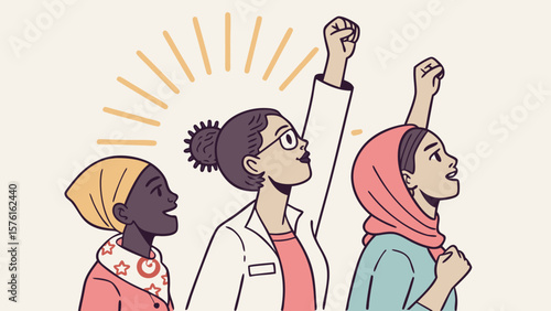 Diverse women with raised fists showing unity and strength isolated on white background