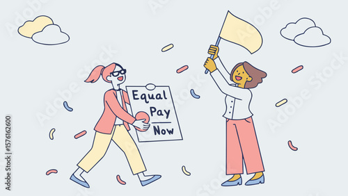 Two women celebrate equal pay with a sign and flag isolated on white background