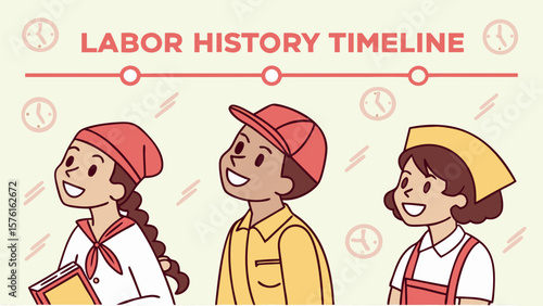 Diverse cartoon people looking up at labor history timeline isolated on white background