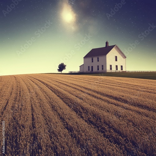 White Farmhouse in Wheat Field at Twilight