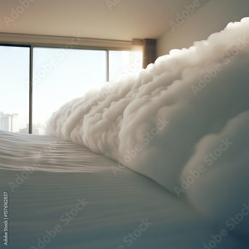 White Fluffy Mass on Bed in Modern Room with Window View