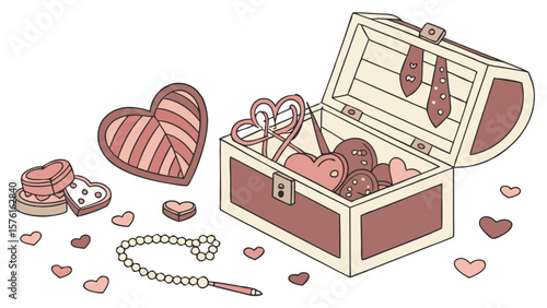 Treasure chest filled with hearts and jewelry isolated on white background