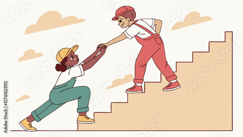 Two diverse children helping each other climb stairs isolated on white background