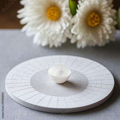 White Paper Bowl on Textured Circular Tray with Paper Flowers