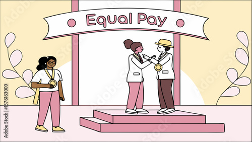 Diverse people receiving equal pay and recognition on a podium isolated on white background