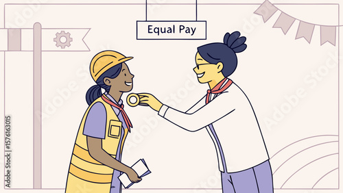 Two women celebrate equal pay with one receiving a medal isolated on white background