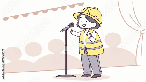 Cute cartoon construction worker giving a speech on stage isolated on white background