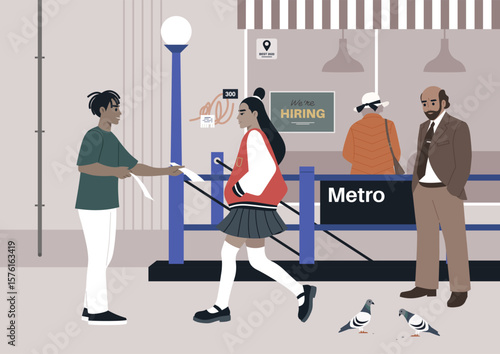 A dedicated volunteer brings energy to the metro entrance, assisting passengers and promoting local opportunities amid the lively atmosphere of the city