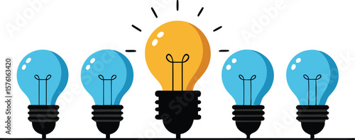 A diverse set of illustrations depicting rows of glowing light bulbs, some with individual bulbs highlighted, symbolizing ideas, innovation, or a sequence of thought