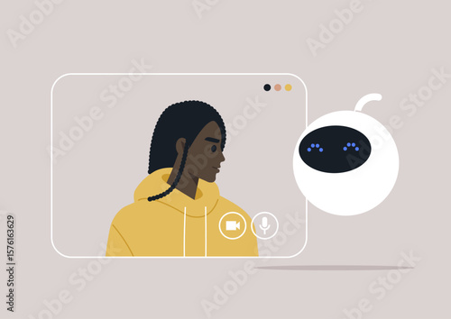 A user in a hoodie engages with a friendly robot consultant through a virtual video call, illustrating the seamless integration of technology in everyday problem-solving and support
