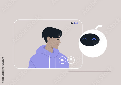 A user in a hoodie engages with a friendly robot consultant through a virtual video call, illustrating the seamless integration of technology in everyday problem-solving and support
