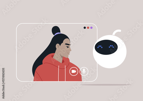 A user in a hoodie engages with a friendly robot consultant through a virtual video call, illustrating the seamless integration of technology in everyday problem-solving and support