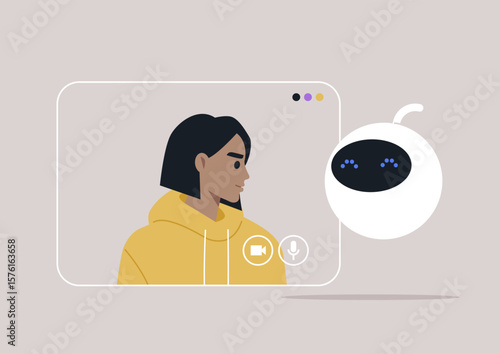 A user in a hoodie engages with a friendly robot consultant through a virtual video call, illustrating the seamless integration of technology in everyday problem-solving and support