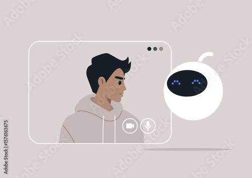 A user in a hoodie engages with a friendly robot consultant through a virtual video call, illustrating the seamless integration of technology in everyday problem-solving and support