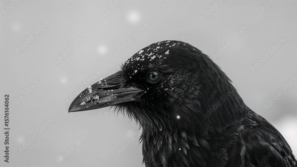 Obraz premium Black raven posing under gentle snowfall in monochrome