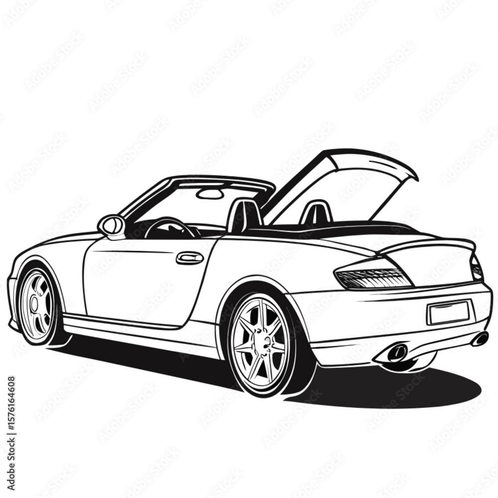 Obraz premium A sleek, black classic sports car, a luxury vintage automobile, is isolated on white, showcasing its fast design and style