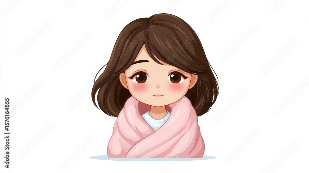 A cute, illustrated girl with brown hair wrapped in a pink blanket, exuding warmth and comfort. A cute, illustrated girl with brown hair wrapped in a pink blanket, exuding warmth and comfort.