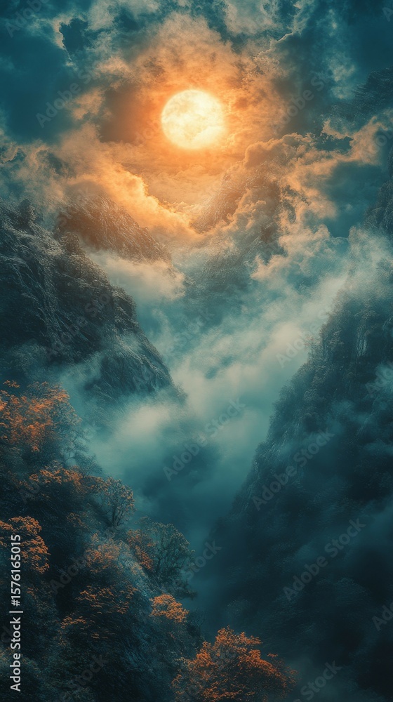 Fototapeta premium Glowing Moon Over Misty Mountain Valley Landscape