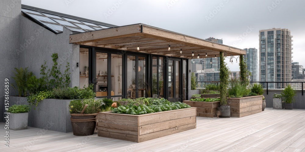 Fototapeta premium Rooftop garden showcasing urban farming with wooden planters in a modern city environment