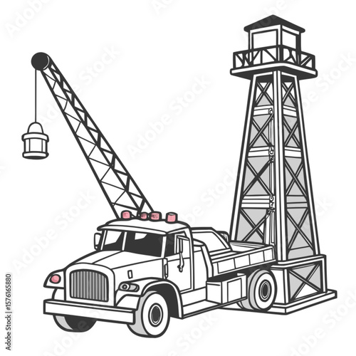 
Heavy construction equipment, including a crane and truck, loads cargo against the sky at a bustling industrial port