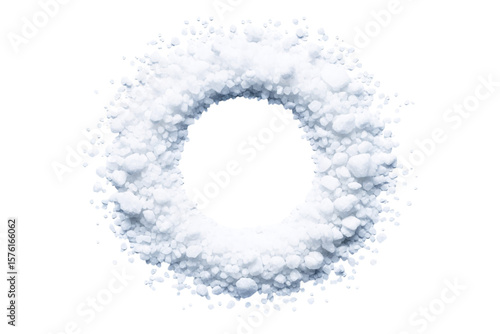 Heap of white crystals in a circular pattern on white background, copy space.
