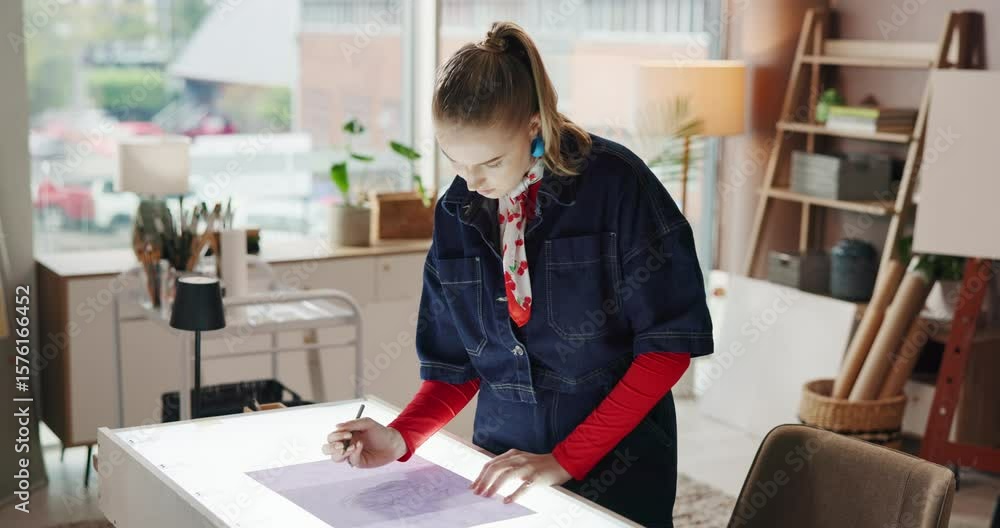 Woman, sketching and art on light table for drawing design, tracing process and clothes layout. Female designer, paper and illustration technique for fashion, production ideas and creation at house