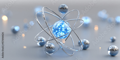 Obraz na plátně Minimalist Atomic Structure: Vector Graphic of Blue Protons and Electrons on Light Gray Background