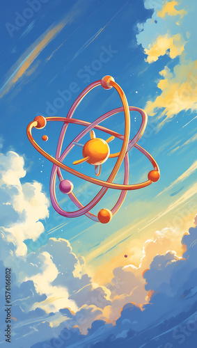 Atomic structure orbiting through a vibrant sky with clouds orbits electrons