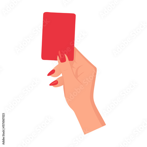 Red card warning concept illustration of hand holding up a red penalty card