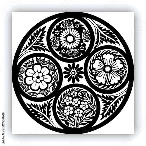 Elegant Black and White Mandala Patterns Illustration, A set of beautifully intricate black and white mandala patterns featuring symmetrical floral and geometric designs. Ideal for coloring pages, med