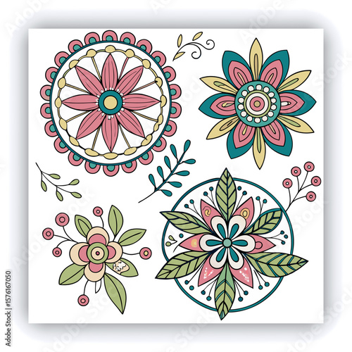 Elegant Black and White Mandala Patterns Illustration, A set of beautifully intricate black and white mandala patterns featuring symmetrical floral and geometric designs. Ideal for coloring pages, med