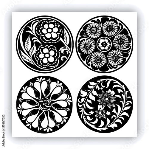 Elegant Black and White Mandala Patterns Illustration, A set of beautifully intricate black and white mandala patterns featuring symmetrical floral and geometric designs. Ideal for coloring pages, med