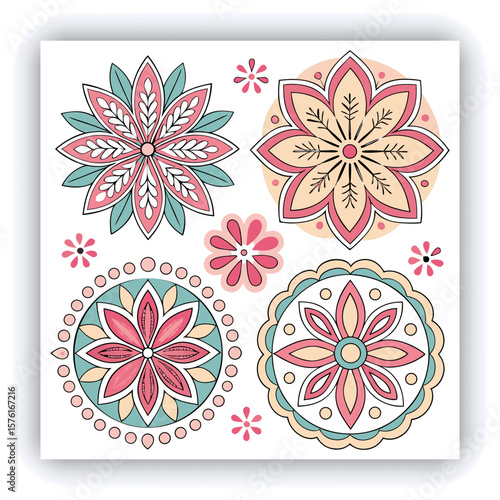Elegant Black and White Mandala Patterns Illustration, A set of beautifully intricate black and white mandala patterns featuring symmetrical floral and geometric designs. Ideal for coloring pages, med