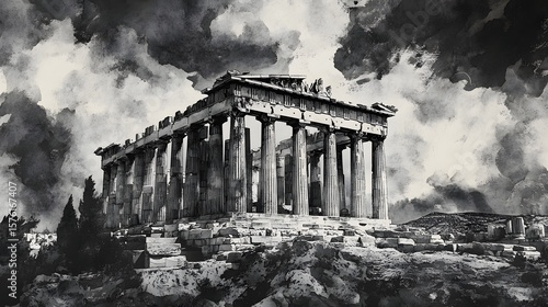 Ancient ruins of a historical temple, rendered in grayscale.