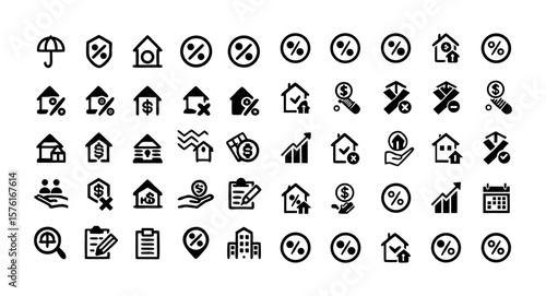 Loan and Financing Line Icon Set – Thin Linear Vector Illustrations of Approval, Interest Rate, Repayment, Mortgage, Agreement, Penalty, Rejection, Calculator, Credit Score, and Credit Risk