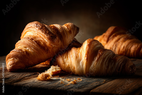 FWarm croissants on a rustic table with soft white linen, cozy farmhouse bakery style.