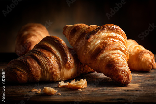 Warm croissants on a rustic table with soft white linen, cozy farmhouse bakery style.