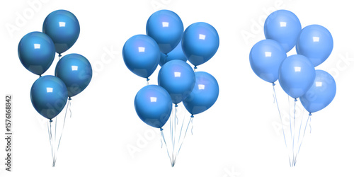 3d blue balloon bunch float, minimal happy birthday gift. Vector realistic mockup on white bg, Party mid air decor, isolated invitation design element. Anniversary round decoration balls, bday glossy