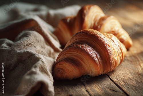 Warm croissants on a rustic table with soft white linen, cozy farmhouse bakery style.