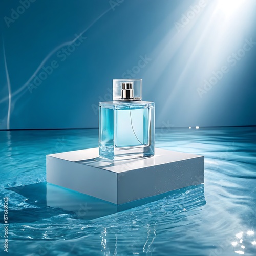 Water gushing around an aftershave lotion perfume bottle on a dark