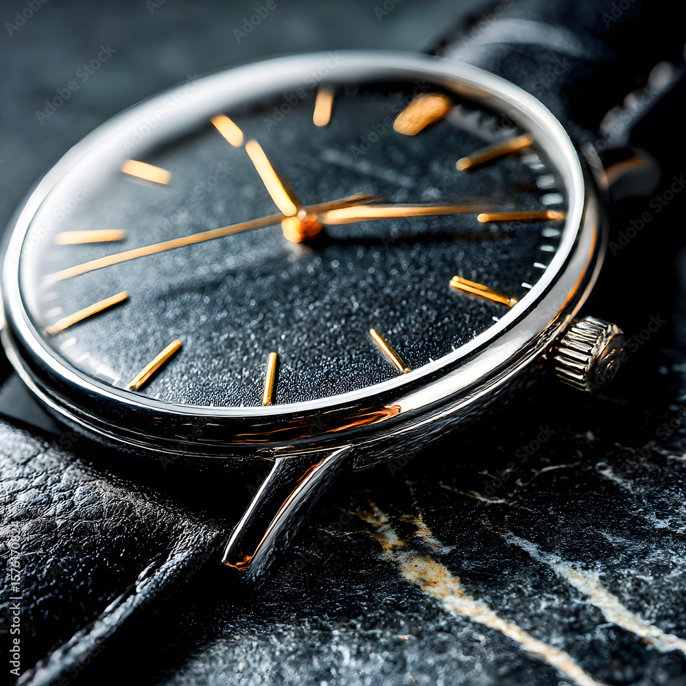 Fototapeta premium Elegant wristwatch with black dial and golden hands showing time on dark marble background